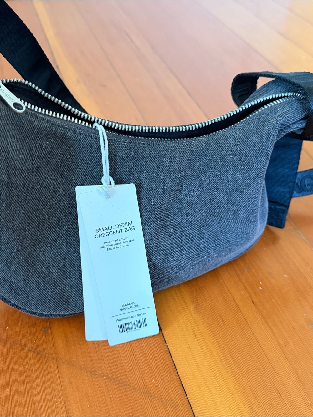 Baggu small Denim Crescent Bag in Washed Black Denim